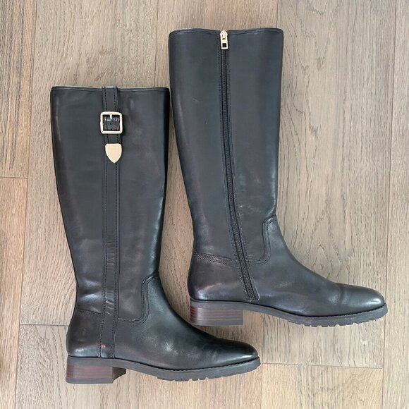 Coach Easton Sleek Knee High Leather Boots w Gold Buckle Hardware Black Sz 9.5 - Picture 7 of 13